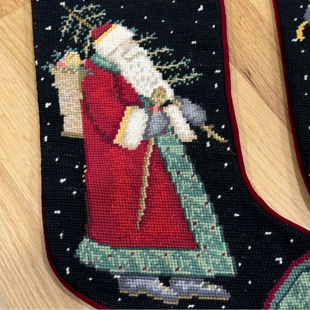 2 Vintage Wool Christmas Stockings Santa   Needlepoint  19